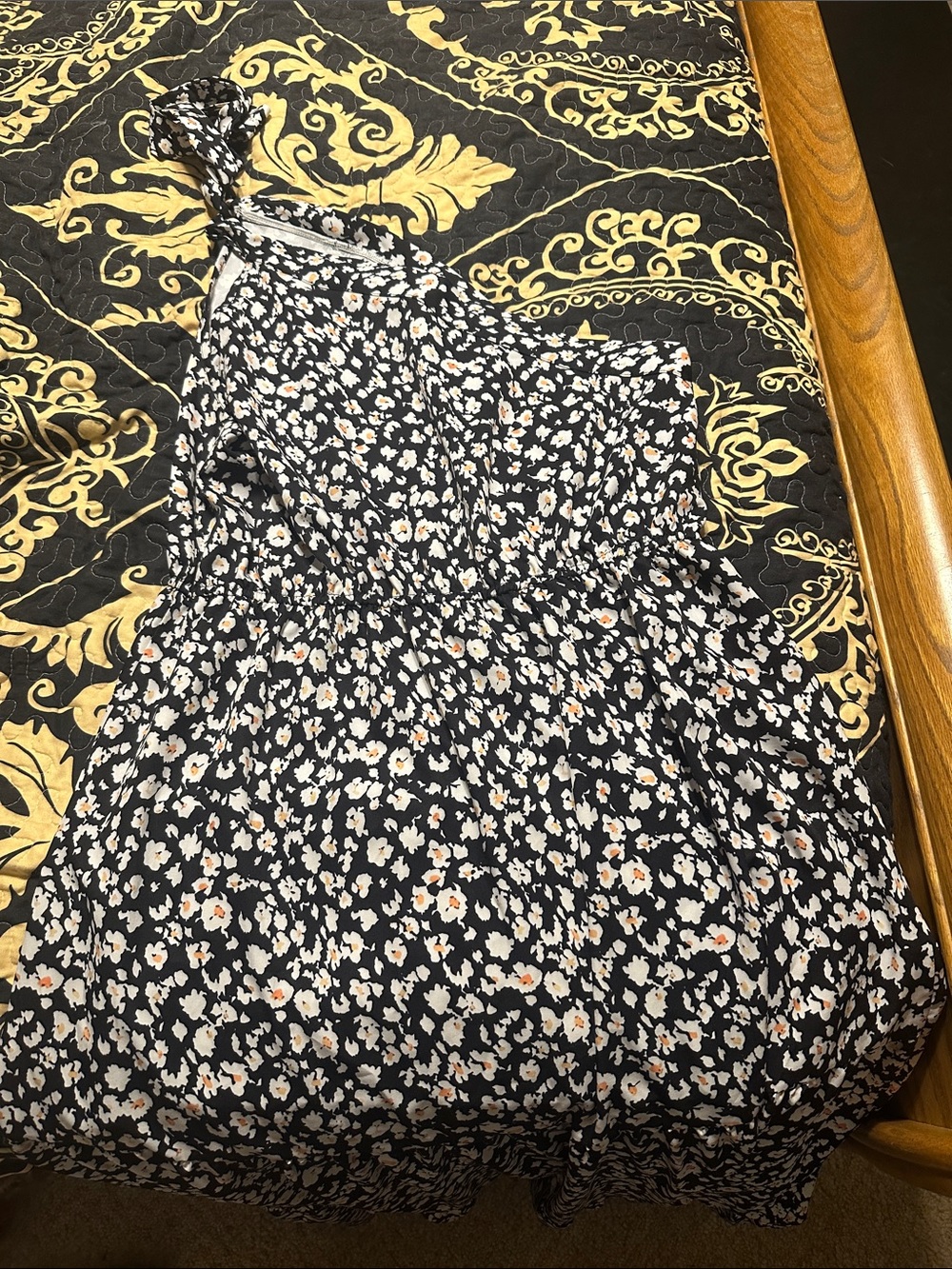 Black Floral One-Shoulder Dress with White and Orange Blossoms